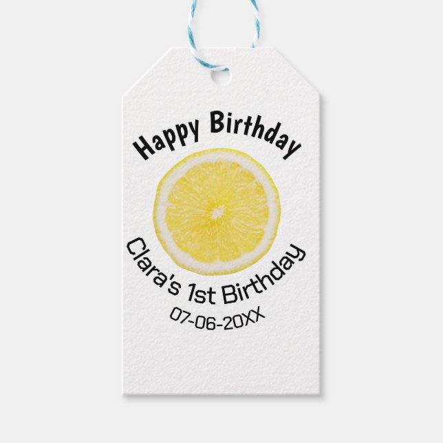 Baby-barn 1:a födelsedag citronsegment lägg till n presentetikett (Framsidan)