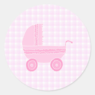 Baby Barnvagn. Ljus rosa på Rosa Gingham. Runt Klistermärke