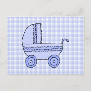 Baby Barnvagn. Ljusblått vid Check Mönster. Vykort