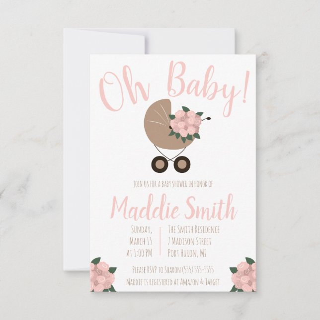 Baby Barnvagn med Blommigt Bouquet Baby Shower Inbjudningar (Framsida)