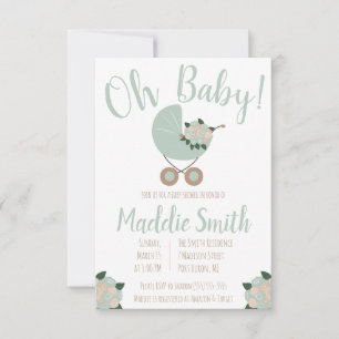 Baby Barnvagn med Blommigt Bouquet Baby Shower Inv Inbjudningar