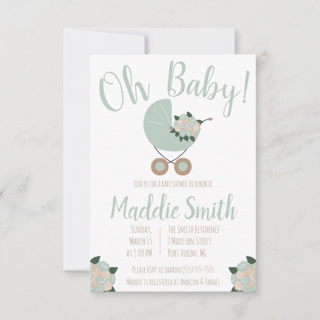 Baby Barnvagn med Blommigt Bouquet Baby Shower Inv Inbjudningar (Framsida)