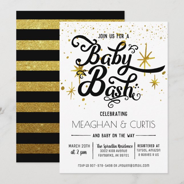 Baby Bash Inbjudan | Svart, Vitt & Guld (Fram/baksida)