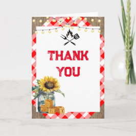 Baby BBQ röd plaid gingham babyduschfoto Tack Kort