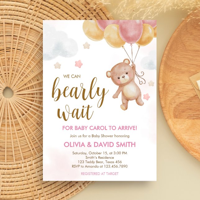 Baby Bear Barly Wait Baby Shower Inbjudningar (We Can Bearly Wait Bear Balloons Baby Shower Invitation)