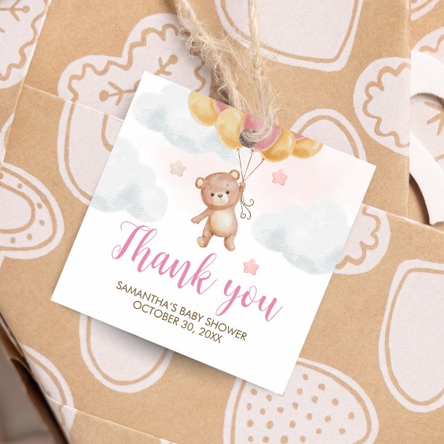 Baby Bear Barly Wait Baby Shower Square Gåvor Etiketter (We Can Bearly Wait Bear Balloons Baby Shower Favor Tags)
