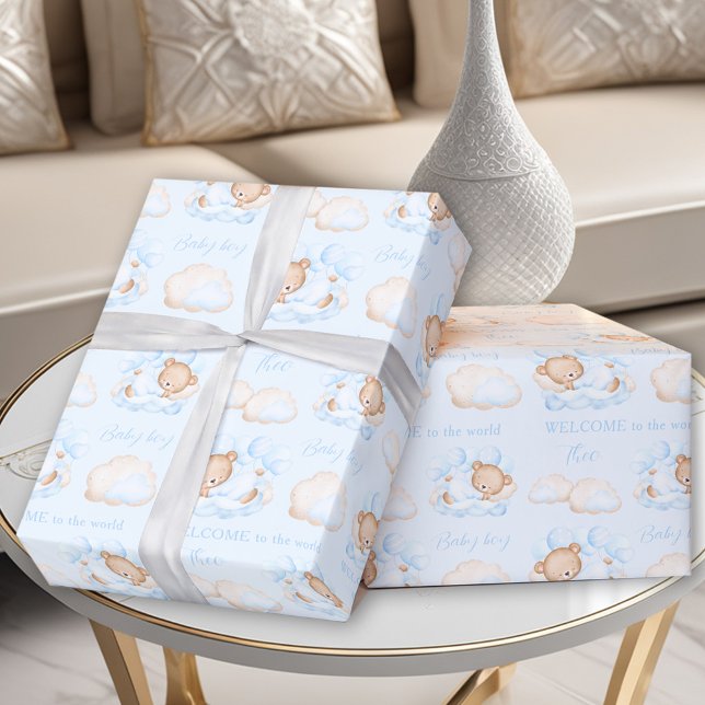 Baby Bear Blue Nyfödd Pojke Namn Presentpapper (Baby Bear Blue Newborn Baby Boy Name Wrapping Paper)