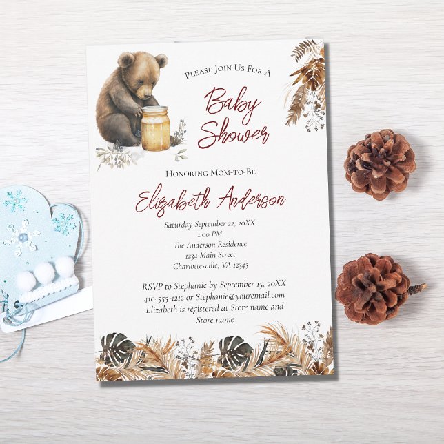 Baby Bear Boho Brown Botanical Blommigt Baby Showe Inbjudningar (Skapare uppladdad)