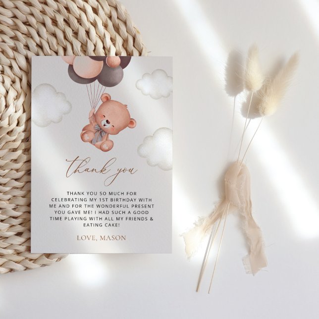 Baby Bear, Brown Balloons, första födelsedagen Tack Kort (Skapare uppladdad)