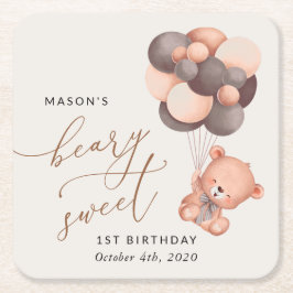 Baby Bear, Brown Balloons, första födelsedagen Underlägg Papper Kvadrat