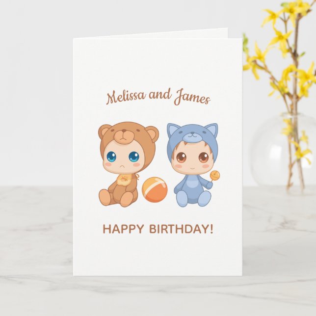 Baby Bear Cat Twillingars Birthday Custom Name Bla Kort (Gul blomma)