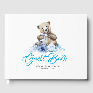 Baby Bear Cute Blåa blommor Baby Shower Gästböcker