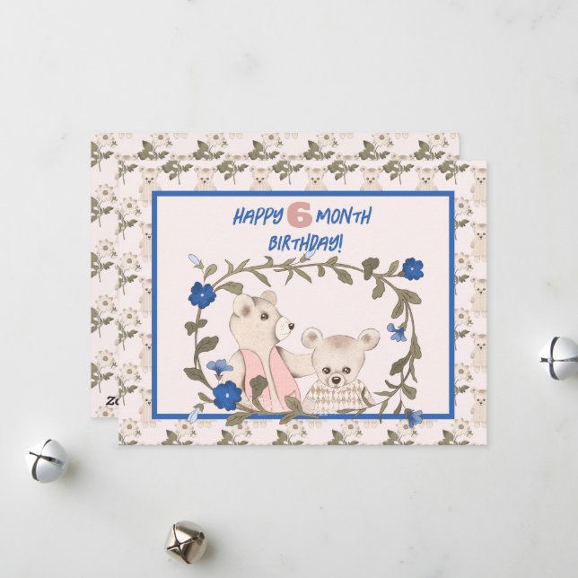 Baby Bear Halva Year Birday Card Girl Julkort (Fram/Back In Situ)