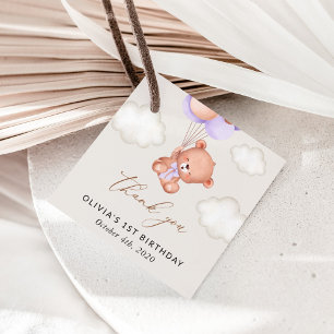 Baby Bear, Lila Balloons, första födelsedagen Gåvor Etiketter