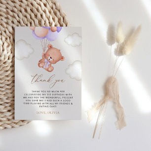Baby Bear, Lila Balloons, första födelsedagen Tack Kort