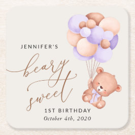 Baby Bear, Lila Balloons, första födelsedagen Underlägg Papper Kvadrat