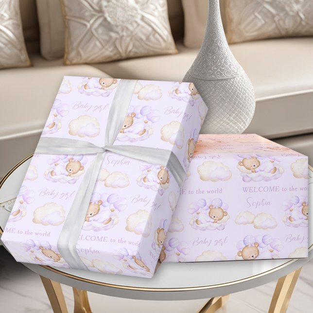 Baby Bear Lila Lavender Newborn Flicka Namn Presentpapper (Baby Bear Purple Lavender Newborn Baby Girl Name Wrapping Paper)