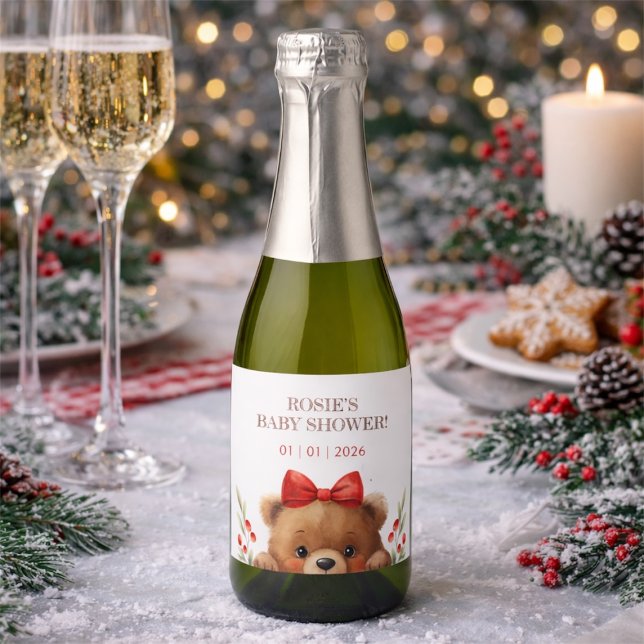 Baby Bear och rönnbärsbabyfirande (Baby Bear And Rowan Berries Baby Shower Sparkling Wine Label)
