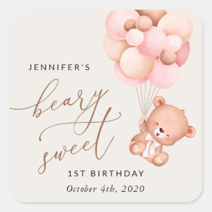 Baby Bear, Rosa Balloons, första födelsedagen Fyrkantigt Klistermärke