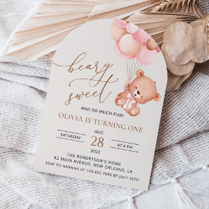 Baby Bear, Rosa Balloons, första födelsedagen Inbjudningar