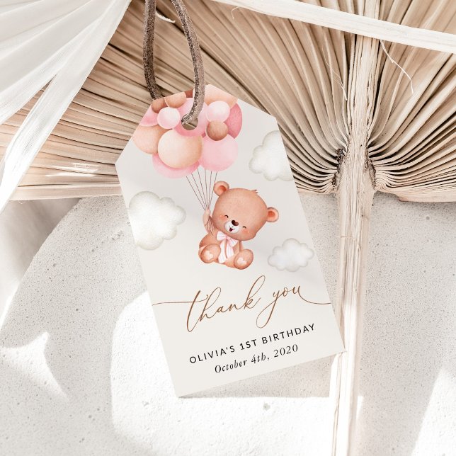 Baby Bear, Rosa Balloons, första födelsedagen Presentetikett (Skapare uppladdad)