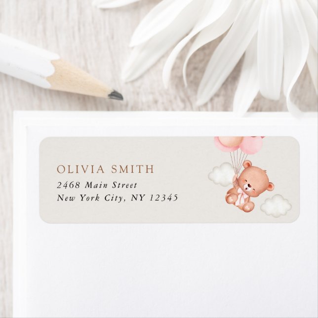 Baby Bear, Rosa Balloons, första födelsedagen Returadress Etikett (Insitu)