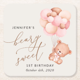 Baby Bear, Rosa Balloons, första födelsedagen Underlägg Papper Kvadrat
