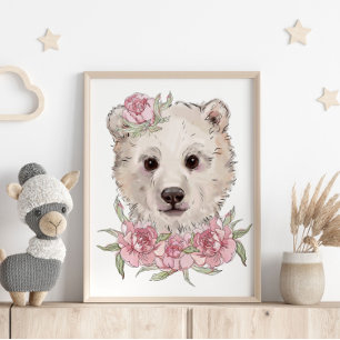 Baby Bear Rose Djur Affisch   Väggutskrift