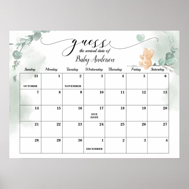 Baby Bear Shower Guess Due Date Calendar Poster (Framsidan)