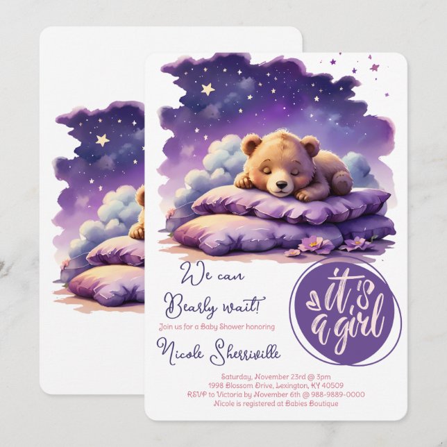 Baby Bear Sleeping Lila Galaxy Girl Baby Shower Inbjudningar (Fram/baksida)