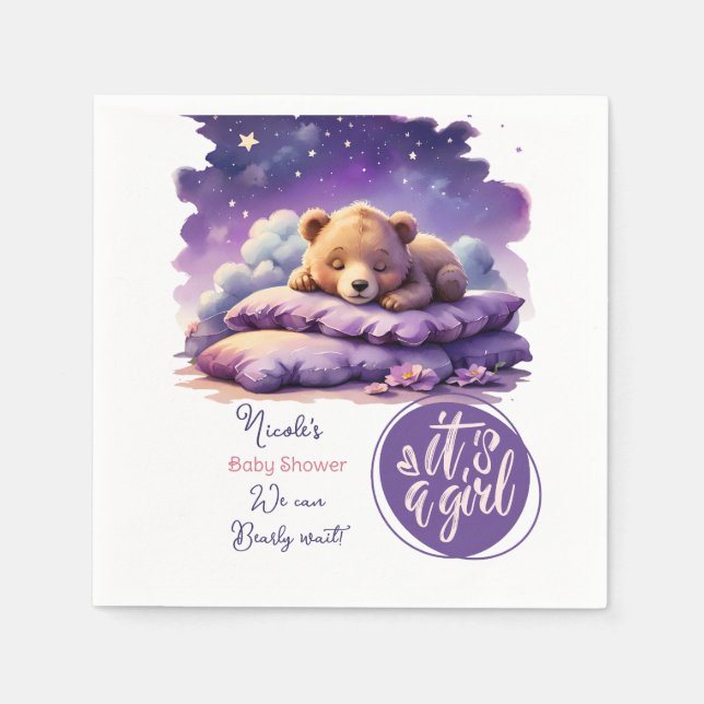 Baby Bear Sleeping Lila Galaxy Girl Baby Shower Pappersservett (Framsidan)