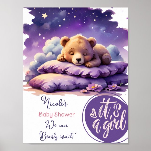 Baby Bear Sleeping Lila Galaxy Girl Baby Shower Poster (Framsidan)