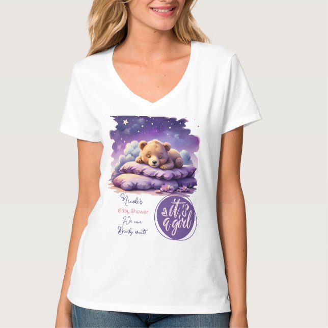 Baby Bear Sleeping Lila Galaxy Girl Baby Shower T Shirt (Framsida)