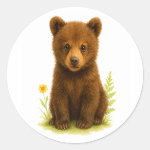 Baby Bear Unge i Wildblommor Runt Klistermärke