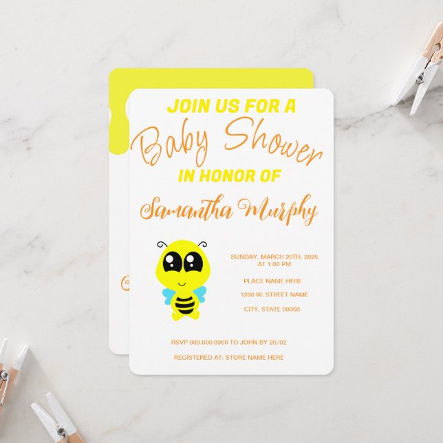 Baby Bee | Baby Shower Invitation Inbjudningar (Fram/Back In Situ)