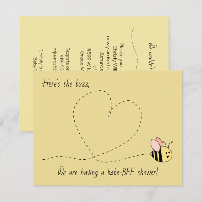 Baby Bee Girl Shower Inbjudningar (Fram/baksida)