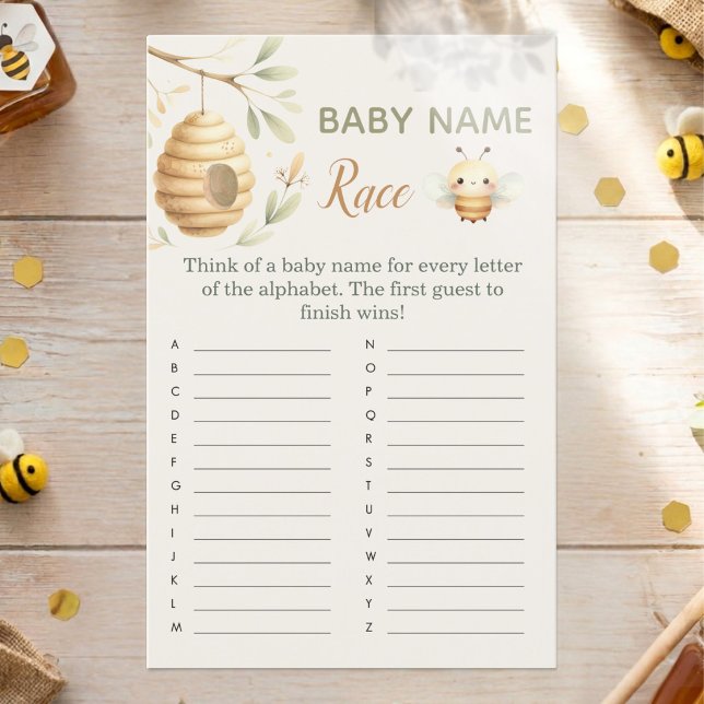 Baby Bee Namn Lopp Spel Han eller Hon Bee Tema (Baby Name Race Baby Shower Game. He or She? What Will Baby Bee? Gender Reveal)