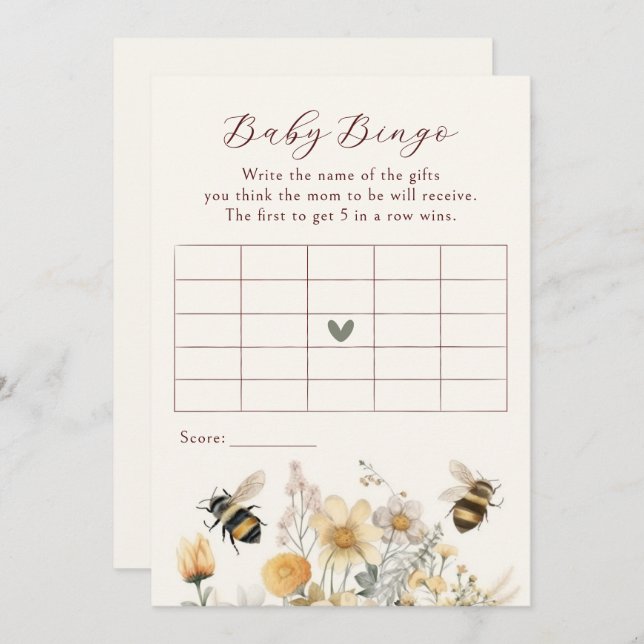 Baby Bingo Baby Shower Game Bee Wildblomma Blommig Inbjudningar (Fram/baksida)