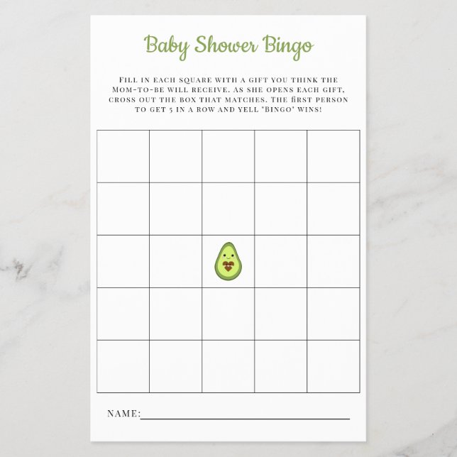 Baby Bingo Card Kawaii Avocado Baby Shower Game Flygblad (Framsidan)