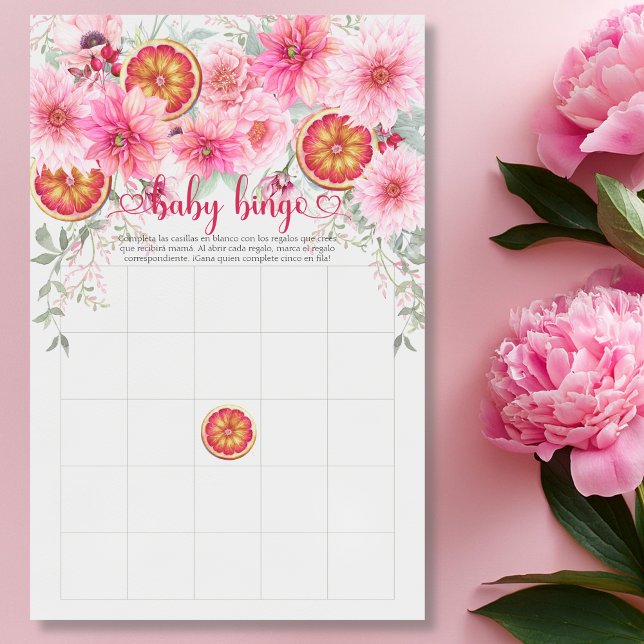 Baby Bingo Citrus Rosa Spain Baby Shower Game (Spanish Baby bingo citrus and pink watercolor flowers baby shower game)