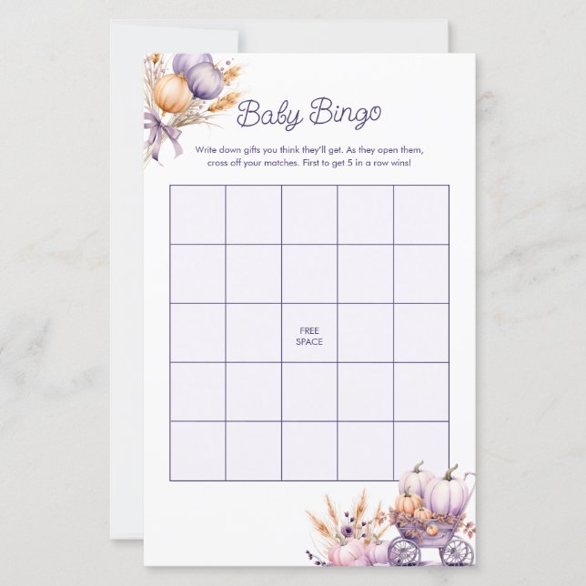 Baby Bingo Fall Lila Pumpkin Baby Shower Game (Framsida)