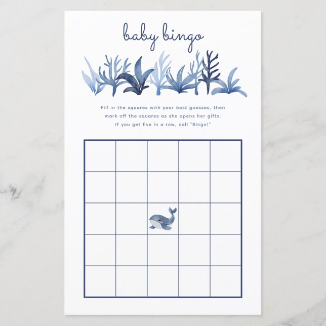 Baby Bingo Game Blue Whale Coral Party Baby Shower (Framsida)