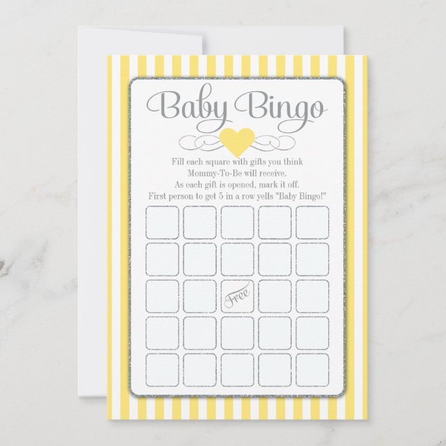 Baby Bingo Gult Grått Baby Shower Game Cards (Framsida)