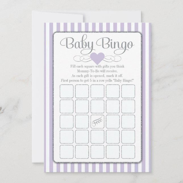Baby Bingo Lavender Lilac Baby Shower Game Cards Inbjudningar (Framsida)