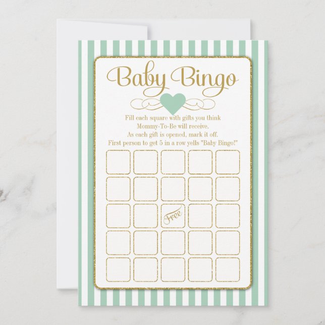 Baby Bingo Mint Grönt Guld Baby Shower Game Card Inbjudningar (Framsida)