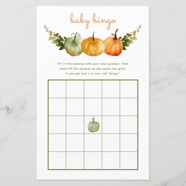 Baby Bingo Spel November Pumpkin Höst Baby Shower (Framsida)
