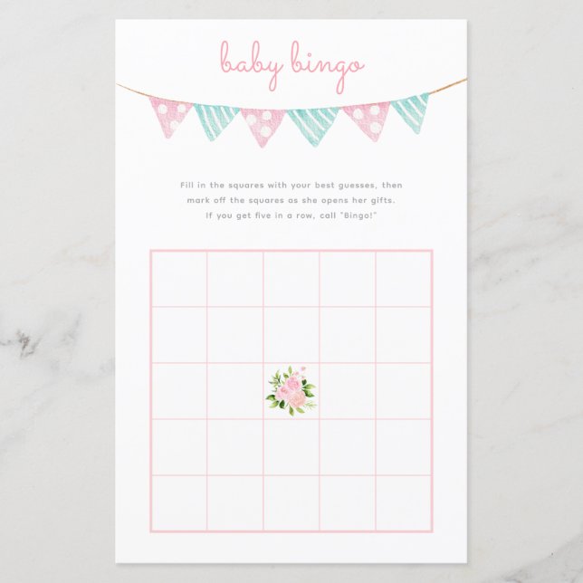 Baby Bingo-spel - Rosa Flowers Party Baby Shower (Framsida)