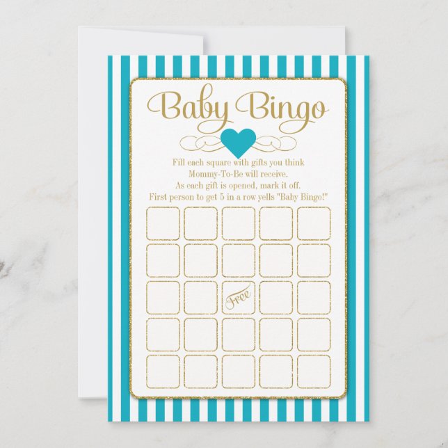 Baby Bingo Turquise Guld Baby Shower Game Cards Inbjudningar (Framsida)