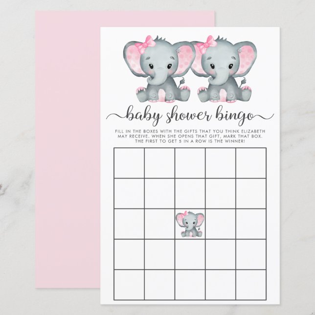 Baby Bingo Twin Girls Elephant Shower Game (Fram/baksida)