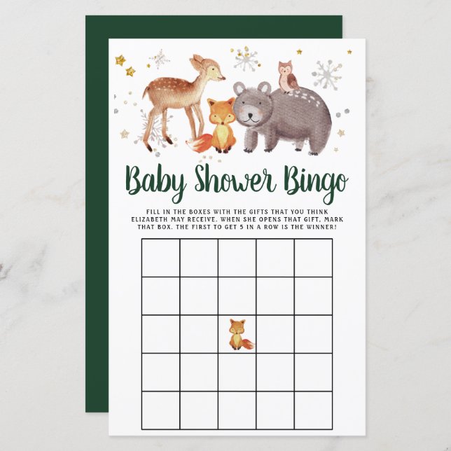 Baby Bingo Winter Woodland Animals Shower Game (Fram/baksida)